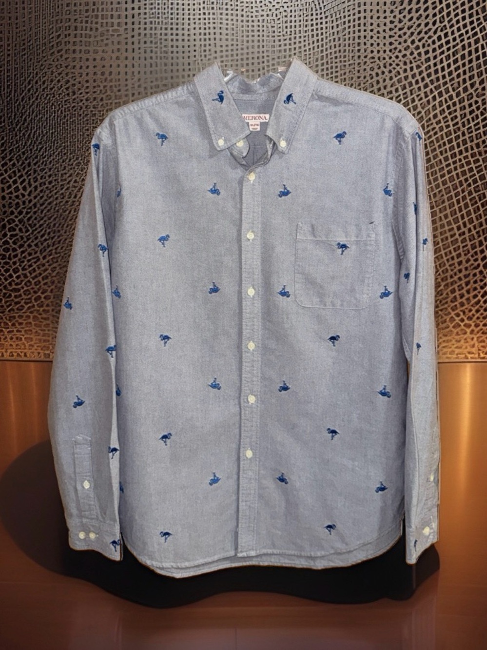 Merona Gray Button-Down Shirt with Navy Embroidered Flamingo Motif-XL-EC